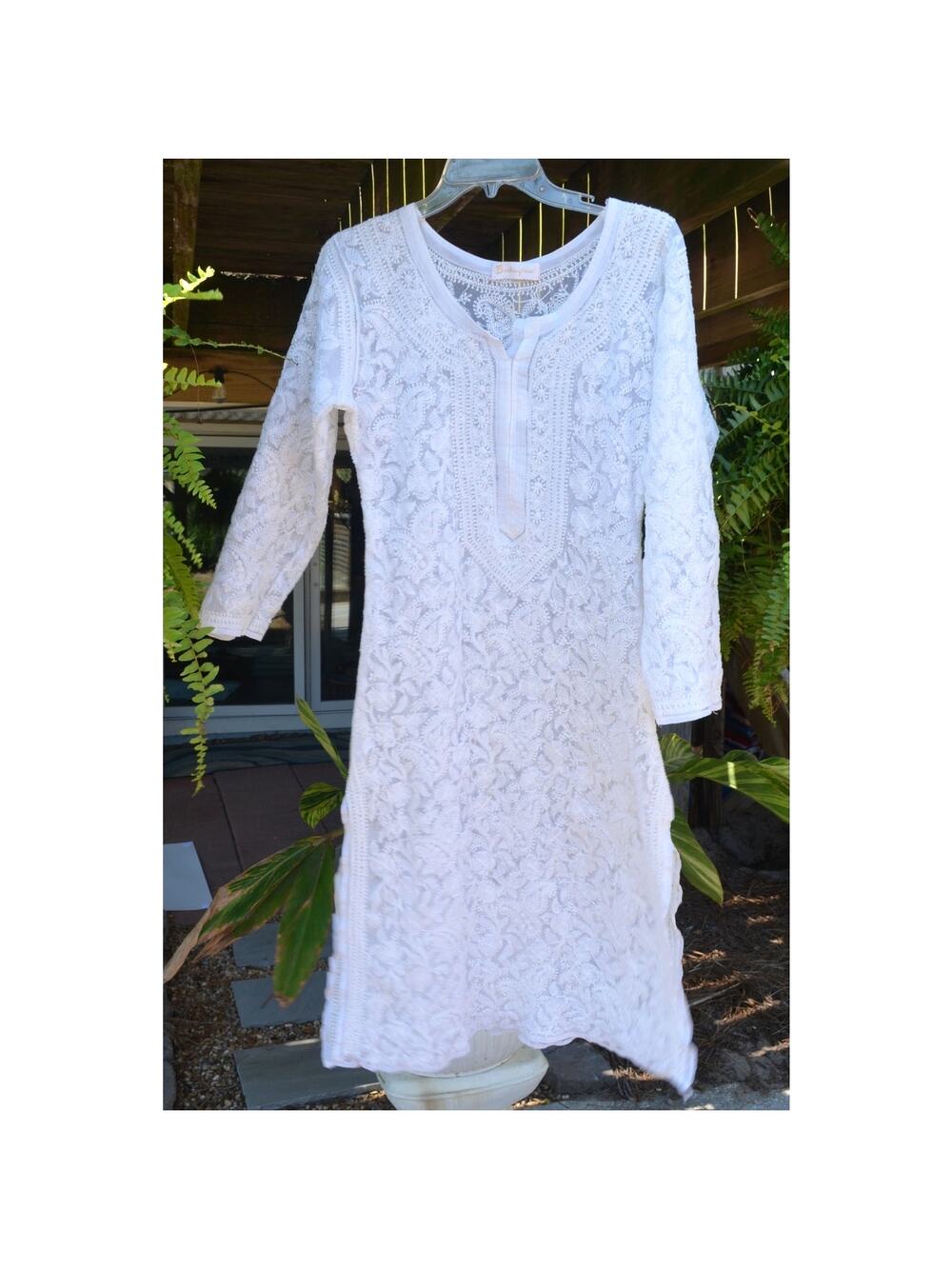 Vintage White Lace Sheer Embroidered Dress Swim Coverup Small Feminine Boho EUC